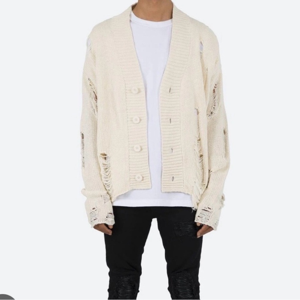 MNML Distressed Cardigan Sweater Cream Shredded Grunge Button Front Men's‎ L